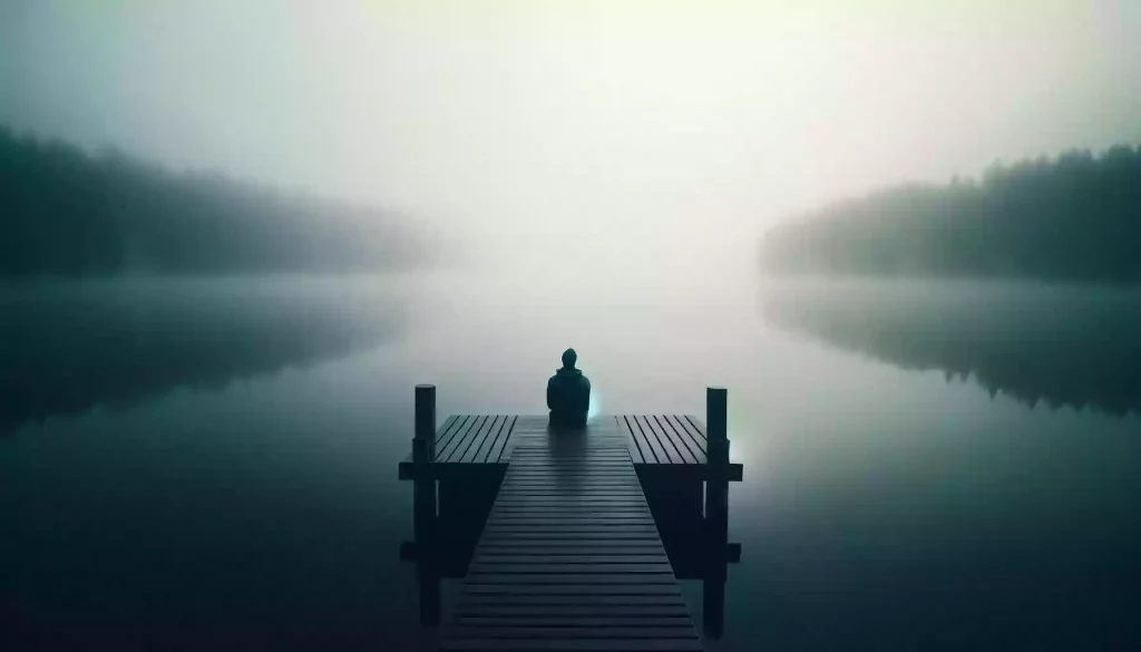 Solitary figure on foggy pier